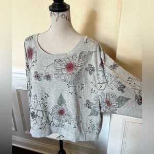 Kenar, High/low-Dolman Sleeves, Back Low Draped-Cropped Gray Floral Knit Top.